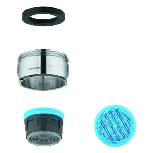 GROHE Komponente in Chrom-Finish, bestehend aus einem runden Gehäuse mit Dichtungsring und einem inneren Teil mit perforierter Struktur für Wasserstrahlregulierung.