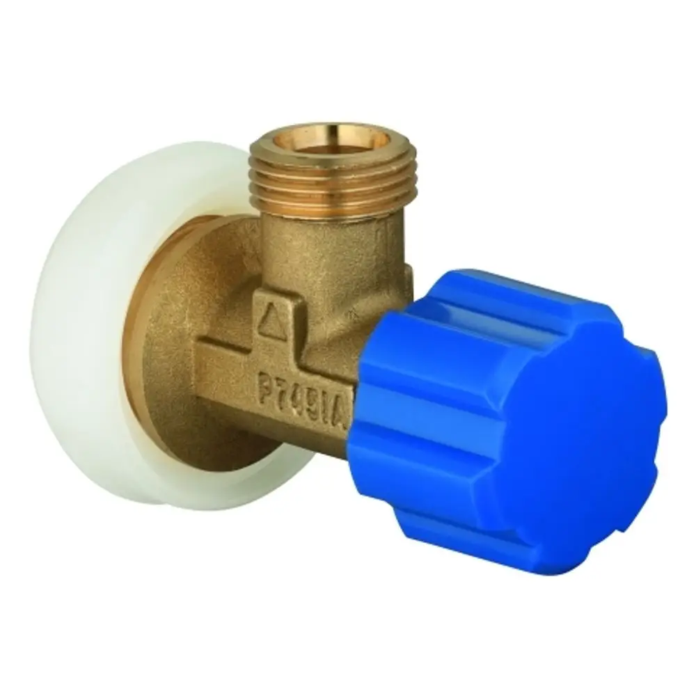 GROHE Eckventil mit blauem Drehgriff und Messinganschluss, zur Steuerung des Wasserflusses in Rohrsystemen, in einfacher, funktionaler Bauweise.