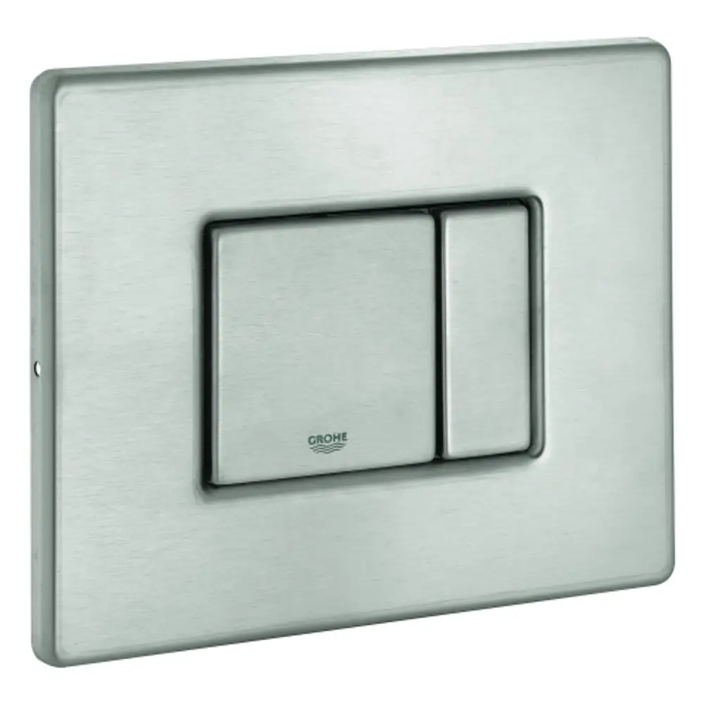 Edelstahl-Abdeckplatte mit Drucktaste von Grohe, rechteckige Form, zwei Tasten zur Bedienung, geeignet für Wandmontage.