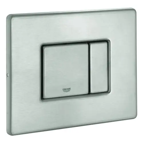 Edelstahl-Abdeckplatte mit Drucktaste von Grohe, rechteckige Form, zwei Tasten zur Bedienung, geeignet für Wandmontage.
