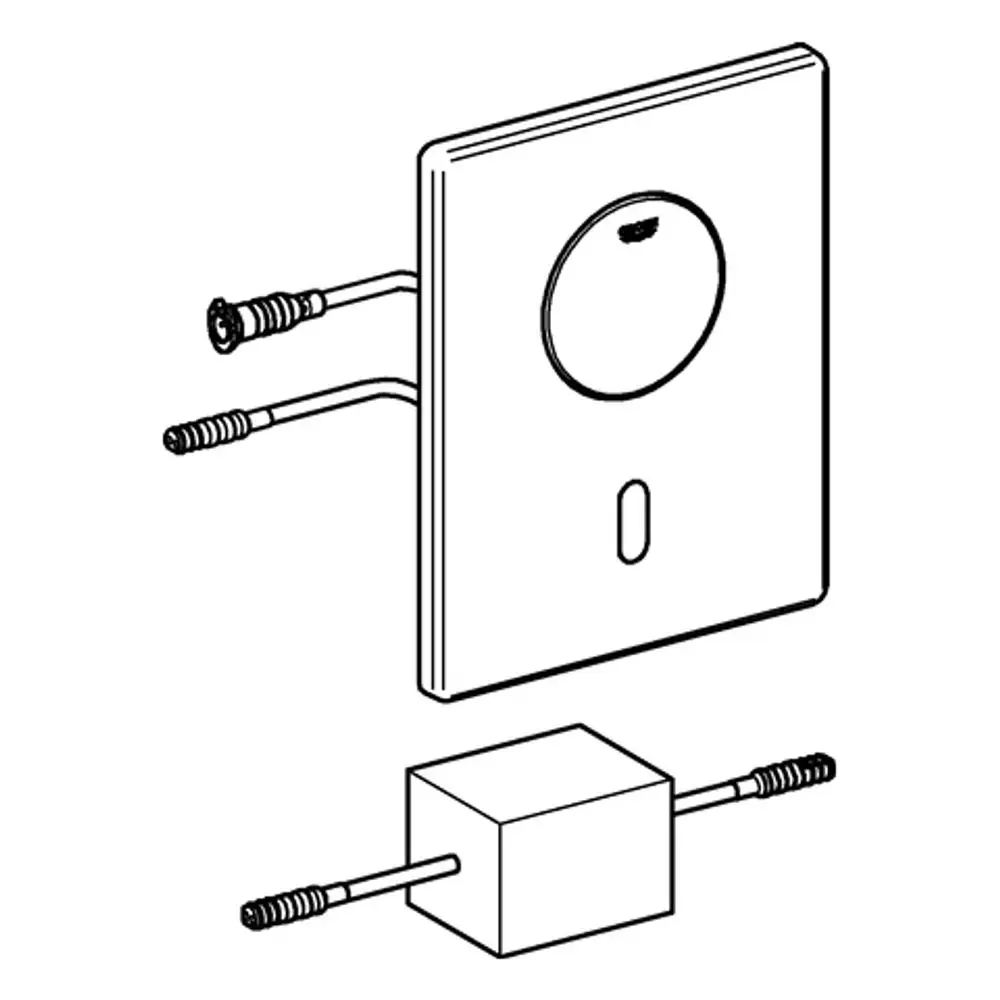 Grohe Abdeckplatte mit Drucktaste, rechteckige Form, zwei Anschlussrohre auf der Rückseite und ein Durchgangsloch in der Mitte.