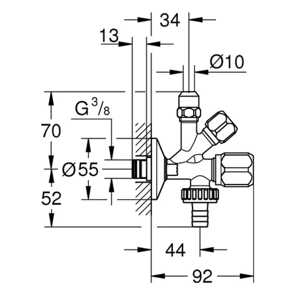 GROHE Kombi-Eckventil mit zwei Anschlussstellen und einer Wandmontageplatte. Das Design zeigt eine chromfarbene Oberfläche und verschiedene Anschlusstechniken.