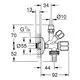 GROHE Kombi-Eckventil mit zwei Anschlussstellen und einer Wandmontageplatte. Das Design zeigt eine chromfarbene Oberfläche und verschiedene Anschlusstechniken.