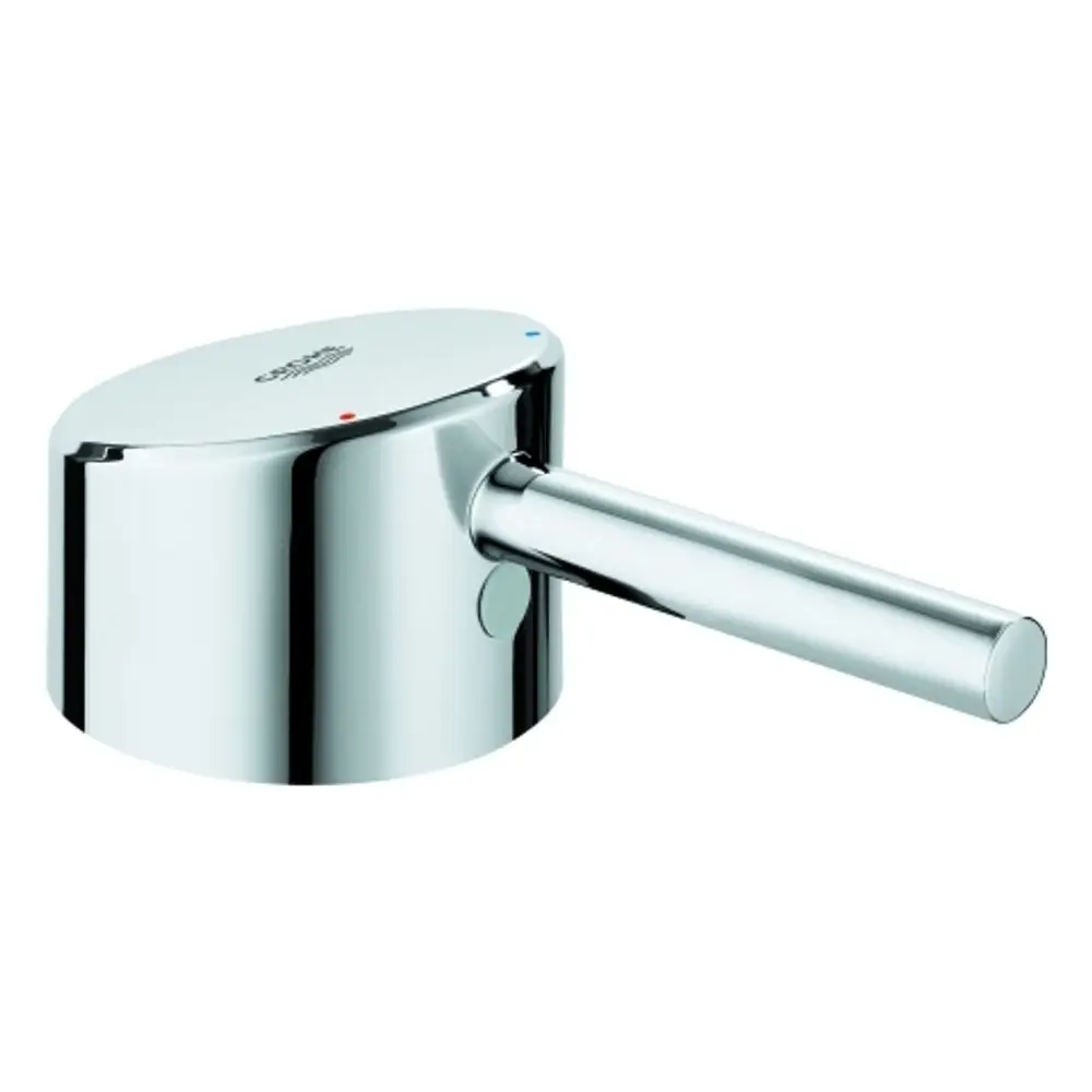 Grohe Hebel in chromfarbener Optik, runder Kopf mit seitlichem Hebel zur Steuerung. Signalfarben rot und blau zur Temperaturanzeige.