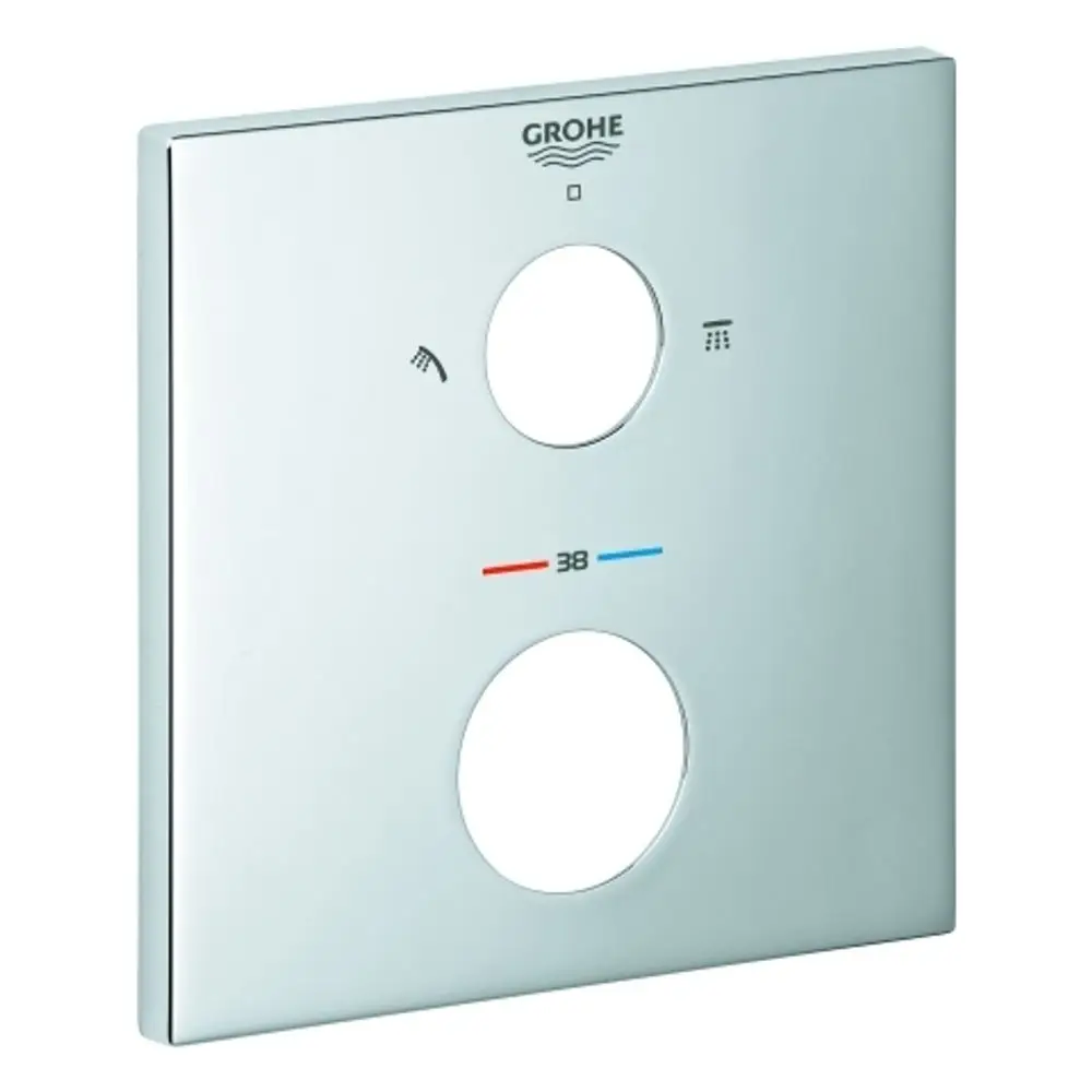 Wandplatte von Grohe mit zwei runden Ausschnitten, Symbolen für Wasserstrahl und Temperaturanzeige. Oberfläche in chromfarbenem Finish.