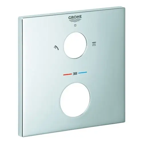 Wandplatte von Grohe mit zwei runden Ausschnitten, Symbolen für Wasserstrahl und Temperaturanzeige. Oberfläche in chromfarbenem Finish.
