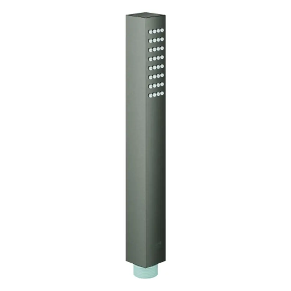 GROHE Duschkopf in schlanker, rechteckiger Form mit mehreren Wasserstrahl-Austrittslöchern, Oberfläche in dunkelgrau, geeignet für moderne Bäder.