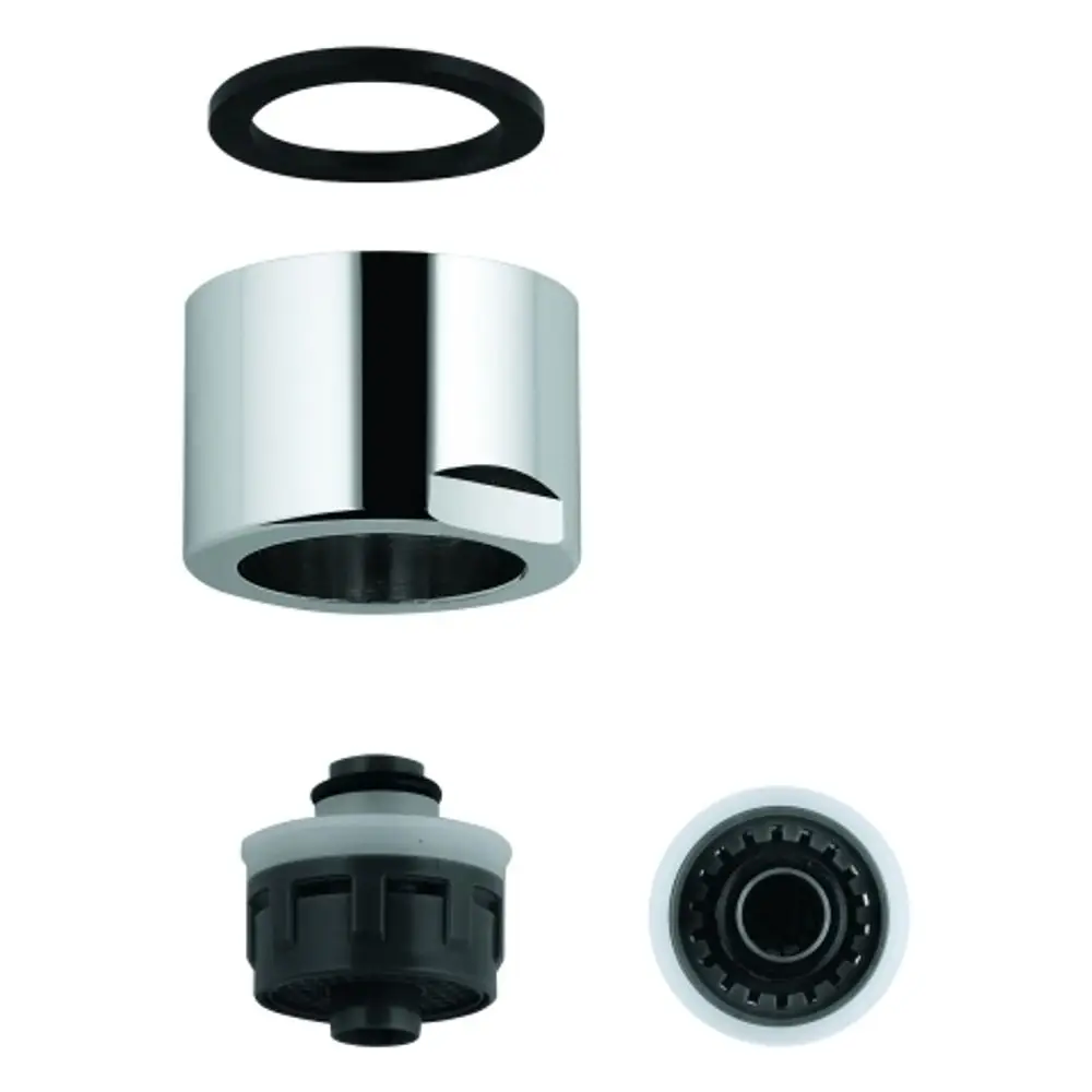 GROHE Mousseur mit Innengewinde, bestehend aus einem verchromten Element, einem Dichtungsring und einem weiteren Verbindungsteil in Grau.