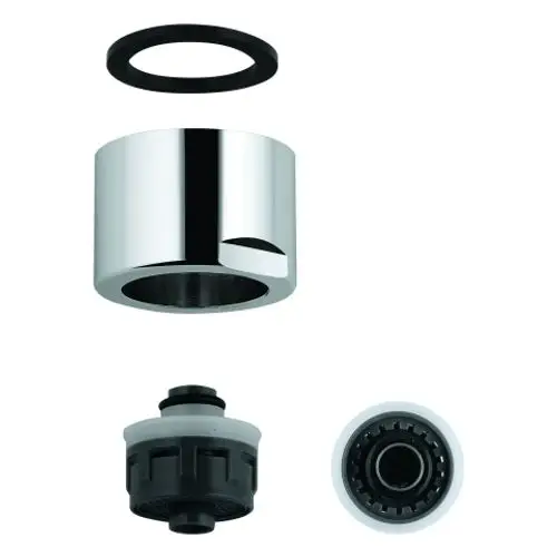 GROHE Mousseur mit Innengewinde, bestehend aus einem verchromten Element, einem Dichtungsring und einem weiteren Verbindungsteil in Grau.