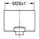Grohe Produkt mit M26x1 Innengewinde. Geometrische Darstellung eines Zierstücks mit einem zentralen, nach unten gerichteten Auslass.