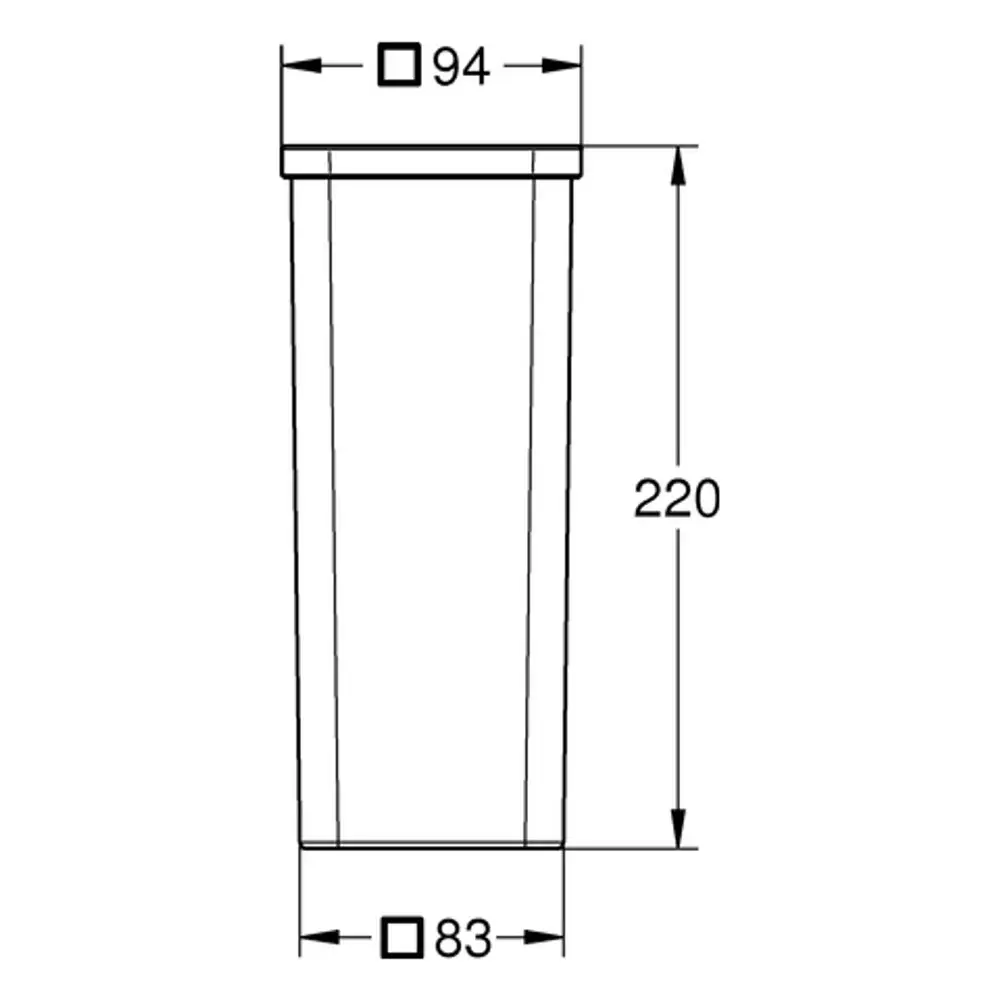Sichtbares Produkt von Grohe, das die Form eines zylindrischen Glases hat. Die Maße sind grafisch dargestellt und zeigen eine klare Linienführung.