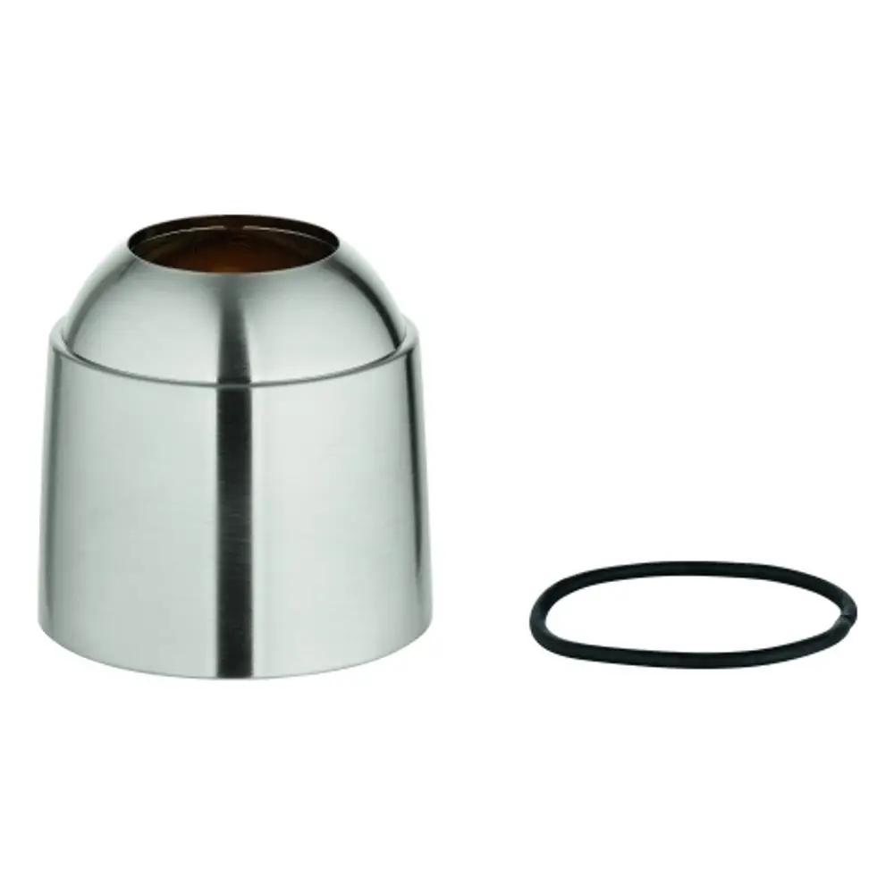Edelstahlhaube von Grohe mit einer gummierten Dichtung, die als Ersatzteil für Sanitärinstallationen verwendet wird. Die Kappe hat eine glatte, glänzende Oberfläche.