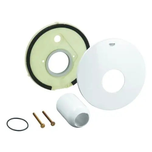 GROHE Rosette in Moon White, bestehend aus zwei runden Platten, einer weißen Abdeckung, einem Kunststoffteil, zwei Schrauben und einem O-Ring, arrangiert auf einem weißen Hintergrund.