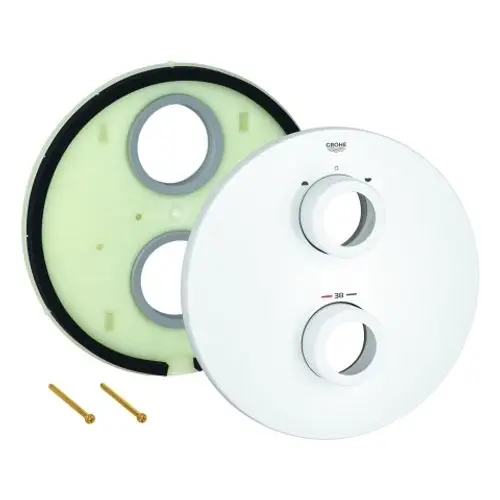Zwei runde Teile in moon white, die für eine Grohe-Armatur verwendet werden. Enthalten sind Montageelemente und ein sichtbarer Temperaturindikator.