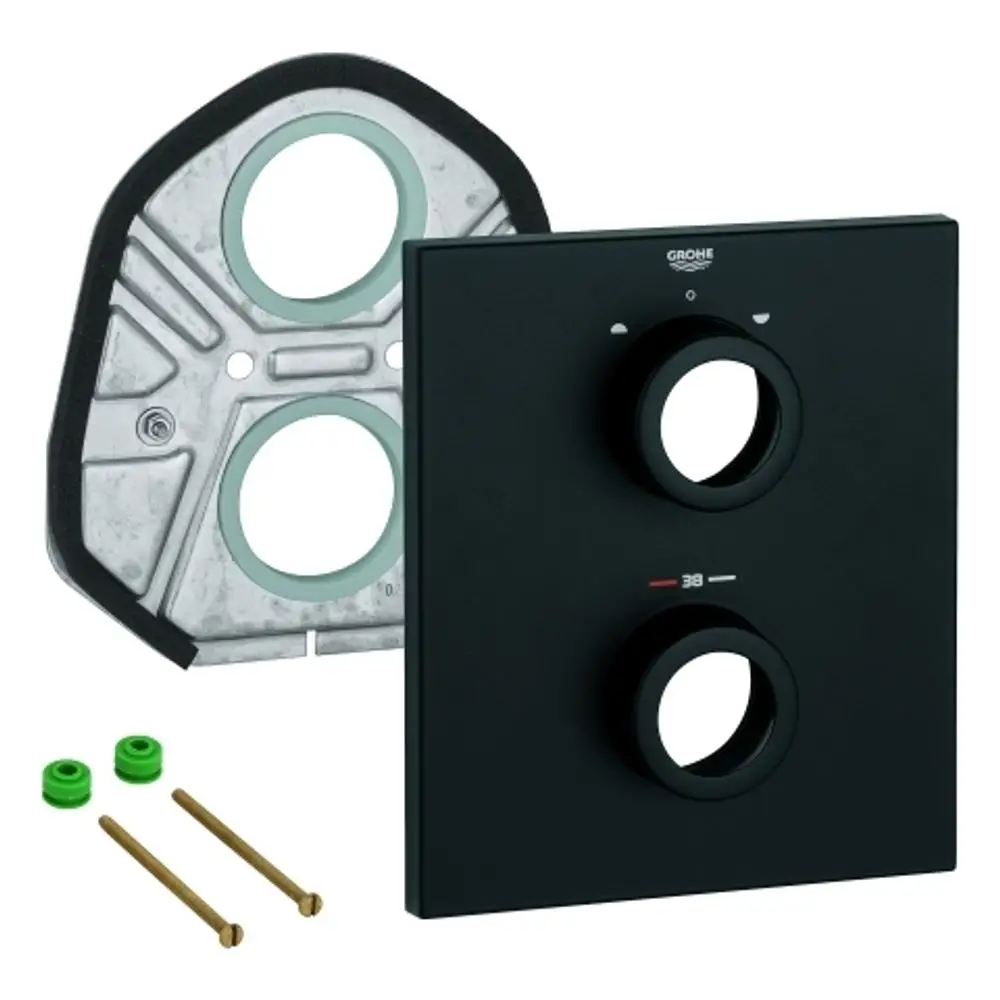 Schwarze Wandplatte mit zwei runden Ausschnitten und Temperaturanzeige, montiert auf einer Metallunterlage mit Dichtungen. Zubehörteile in Grün und Gold. Marke: Grohe.