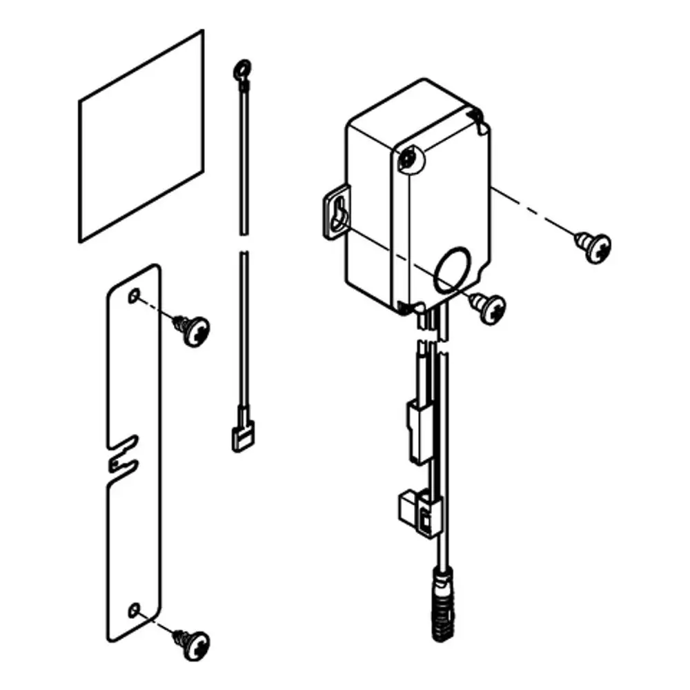 Montageanleitung mit verschiedenen Komponenten für eine Grohe-Steuereinheit, darunter ein Gehäuse, ein Injektor und Befestigungselemente.