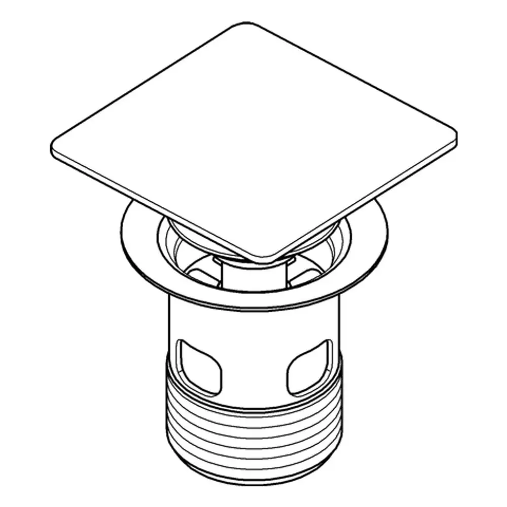 Stopfen von Grohe mit quadratischer Abdeckung und runder Unterseite, geeignet für einen Standard-Ablauf. Das Produkt hat eine robuste Bauweise und ist in grafitfarbener Ausführung.