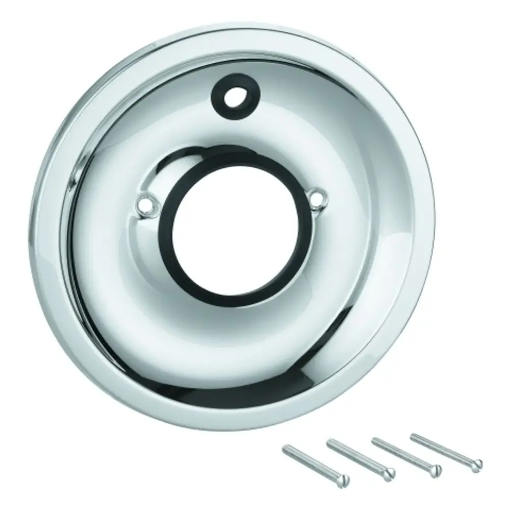 Grohe Rosette in glänzendem Chrom, rund mit einem zentralen Loch und mehreren Befestigungslöchern. Im Lieferumfang sind vier Schrauben enthalten.