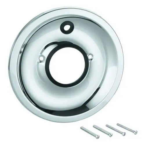 Grohe Rosette in glänzendem Chrom, rund mit einem zentralen Loch und mehreren Befestigungslöchern. Im Lieferumfang sind vier Schrauben enthalten.