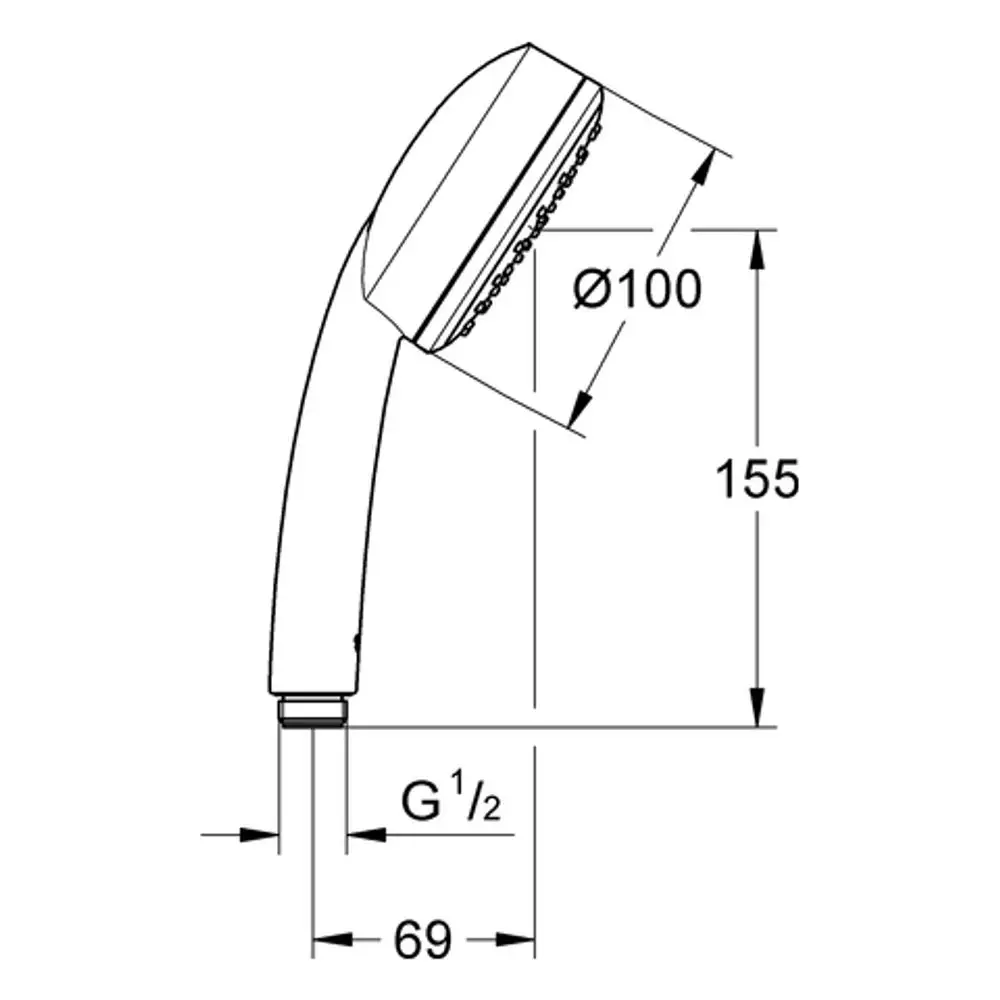 Handbrause von Grohe mit einem rechteckigen Kopf und einem gebogenen Griff. Die Abmessungen sind im technischen Zeichnungsstil dargestellt, einschließlich Anschlüsse und Durchmesser.