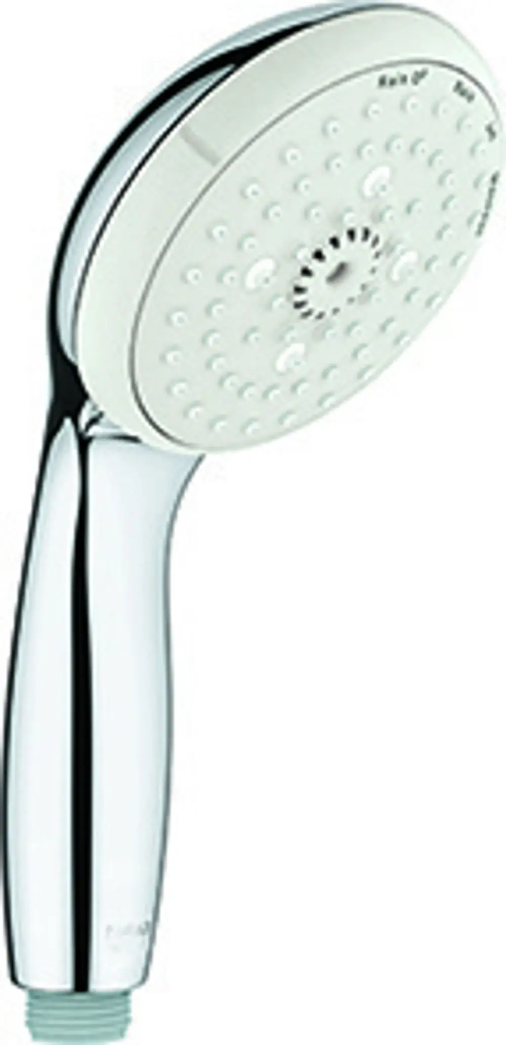 Handbrause mit verchromtem Griff und weißen Brauseboden. Für verschiedene Strahlarten. Hersteller ist Grohe. Geeignet für Standard-Brauseschläuche.