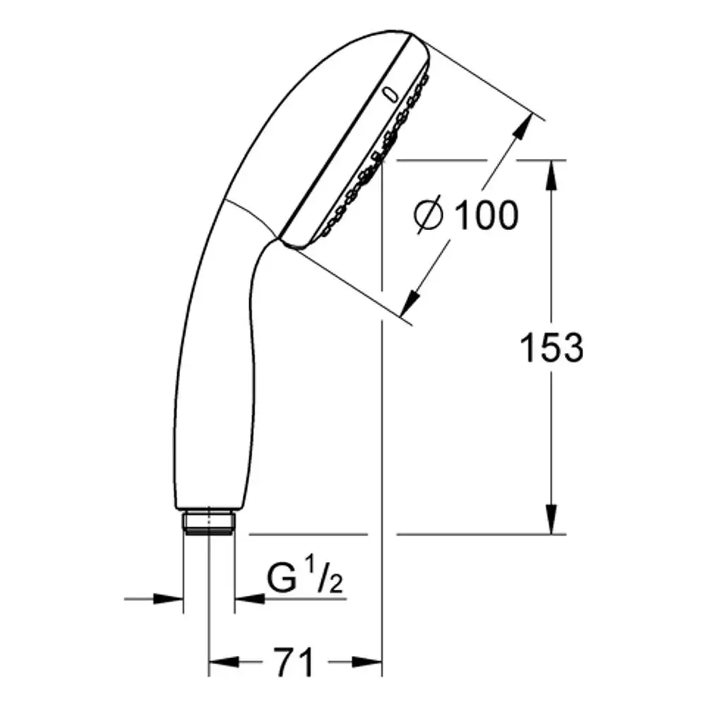 Handbrause von Grohe, rechteckige Form mit Sprühöffnungen, seitlicher Wasseranschluss, Maßangaben auf der Zeichnung erkennbar.