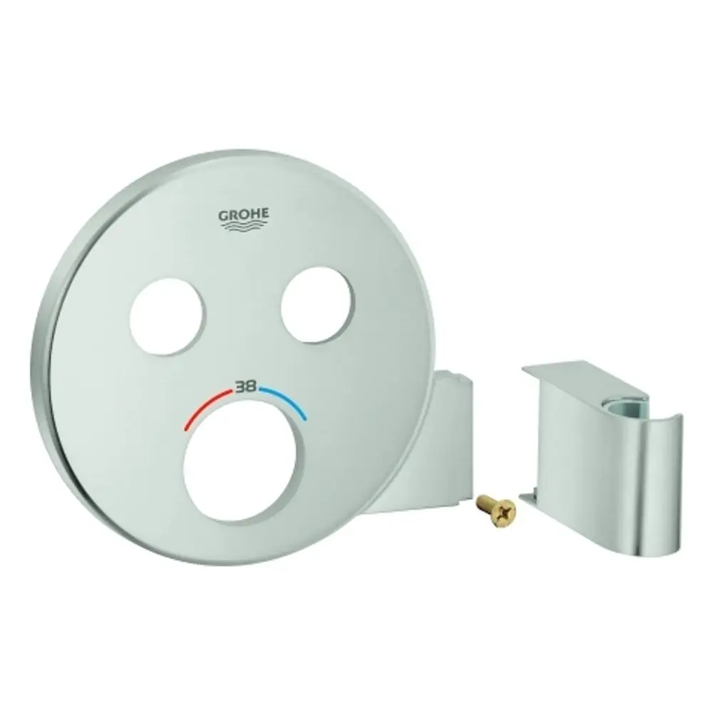 Runde Rosette aus Edelstahl von Grohe mit zwei Öffnungen und Temperaturanzeige. Die Komponente könnte Teil eines Dusch- oder Badarmaturensystems sein.