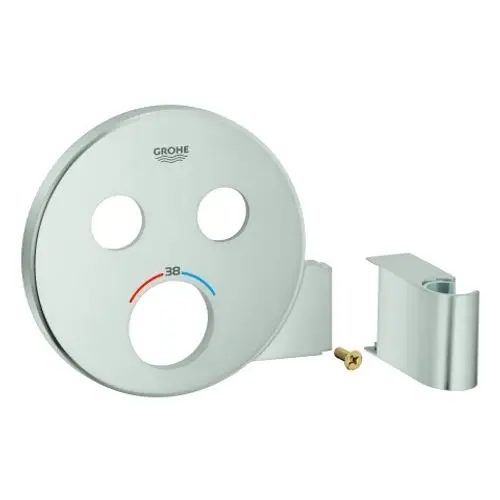 Runde Rosette aus Edelstahl von Grohe mit zwei Öffnungen und Temperaturanzeige. Die Komponente könnte Teil eines Dusch- oder Badarmaturensystems sein.