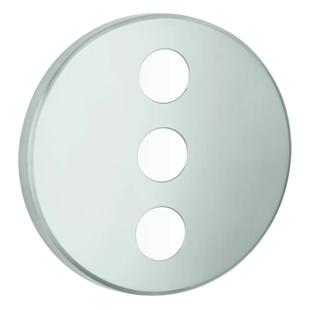 Grohe Rosette in Rundform mit drei Aussparungen, zeigt eine schlichte, reflektierende Oberfläche. Ideal für die Verwendung in Badezimmerarmaturen.