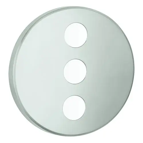Grohe Rosette in Rundform mit drei Aussparungen, zeigt eine schlichte, reflektierende Oberfläche. Ideal für die Verwendung in Badezimmerarmaturen.