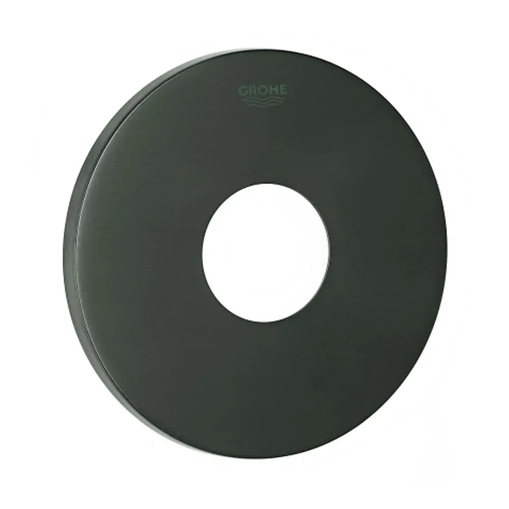 Runde Rosette in dunkler Farbgebung, mit mittigem Loch, von Grohe. Die Oberfläche ist gebürstet und wirkt modern und funktional.