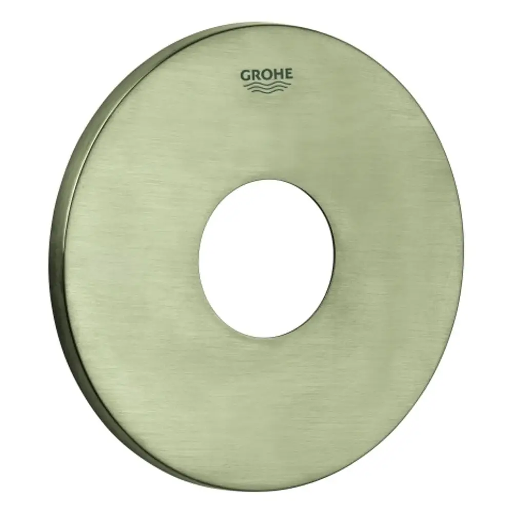 Runde Rosette in gebürstetem Nickel von Grohe mit einem zentralen Loch. Eignet sich zur Abdeckung von Wandanschlüssen oder zur Befestigung von Armaturen.