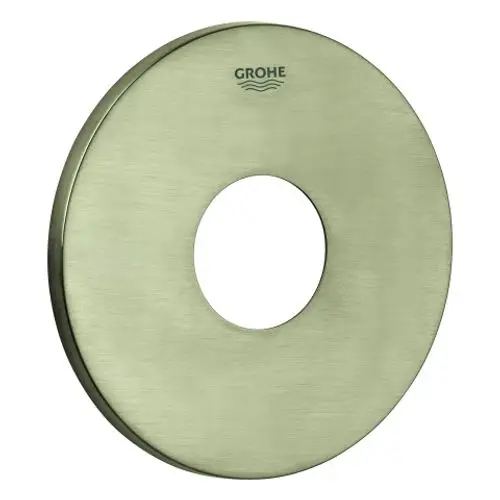 Runde Rosette in gebürstetem Nickel von Grohe mit einem zentralen Loch. Eignet sich zur Abdeckung von Wandanschlüssen oder zur Befestigung von Armaturen.