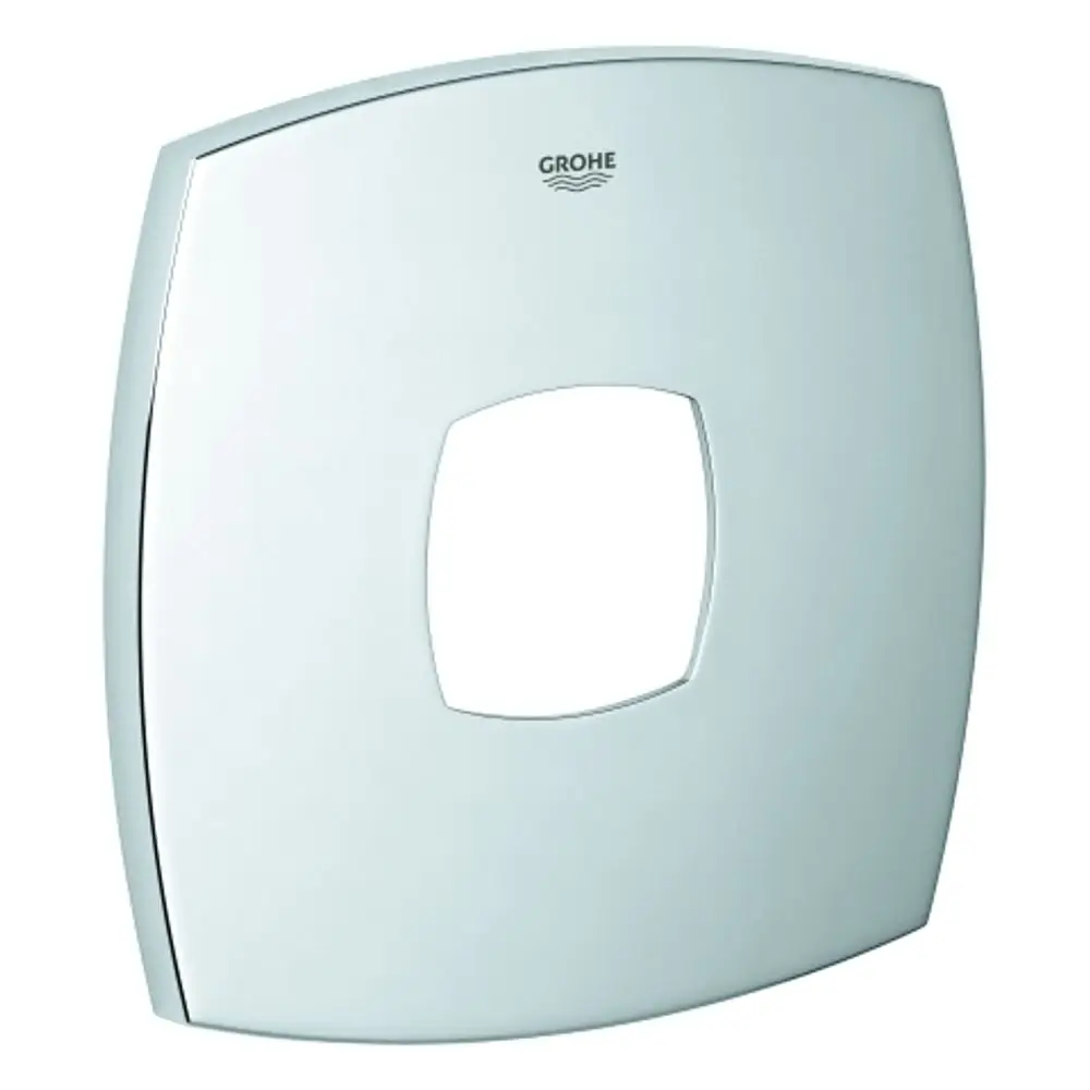 Chromfarbene Rosette von Grohe für Einhandmischer-Fertigmontagesets mit quadratischem zentralen Loch. Flache, abgerundete Kanten, passend für moderne Armaturen.