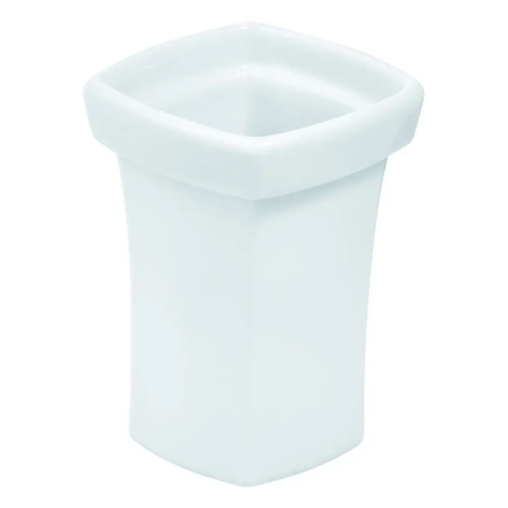 Weißer Becher von Grohe mit quadratischer Form und breitem Rand, geeignet für die Nutzung im Bad oder WC-Bereich.