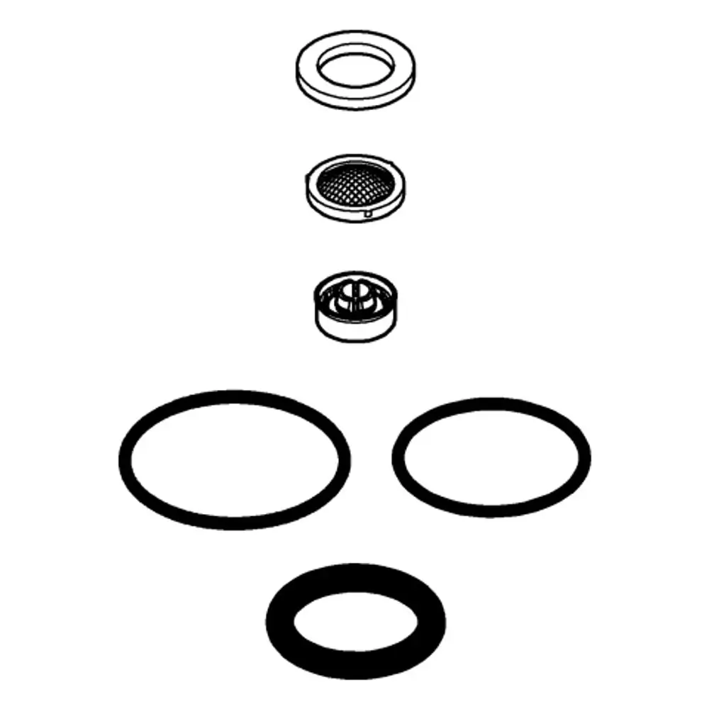 Schematische Darstellung eines Ersatzteilsets von Grohe mit mehreren Ringen und einer Gitterkomponente, die für Kopfbrausen verwendet werden können.