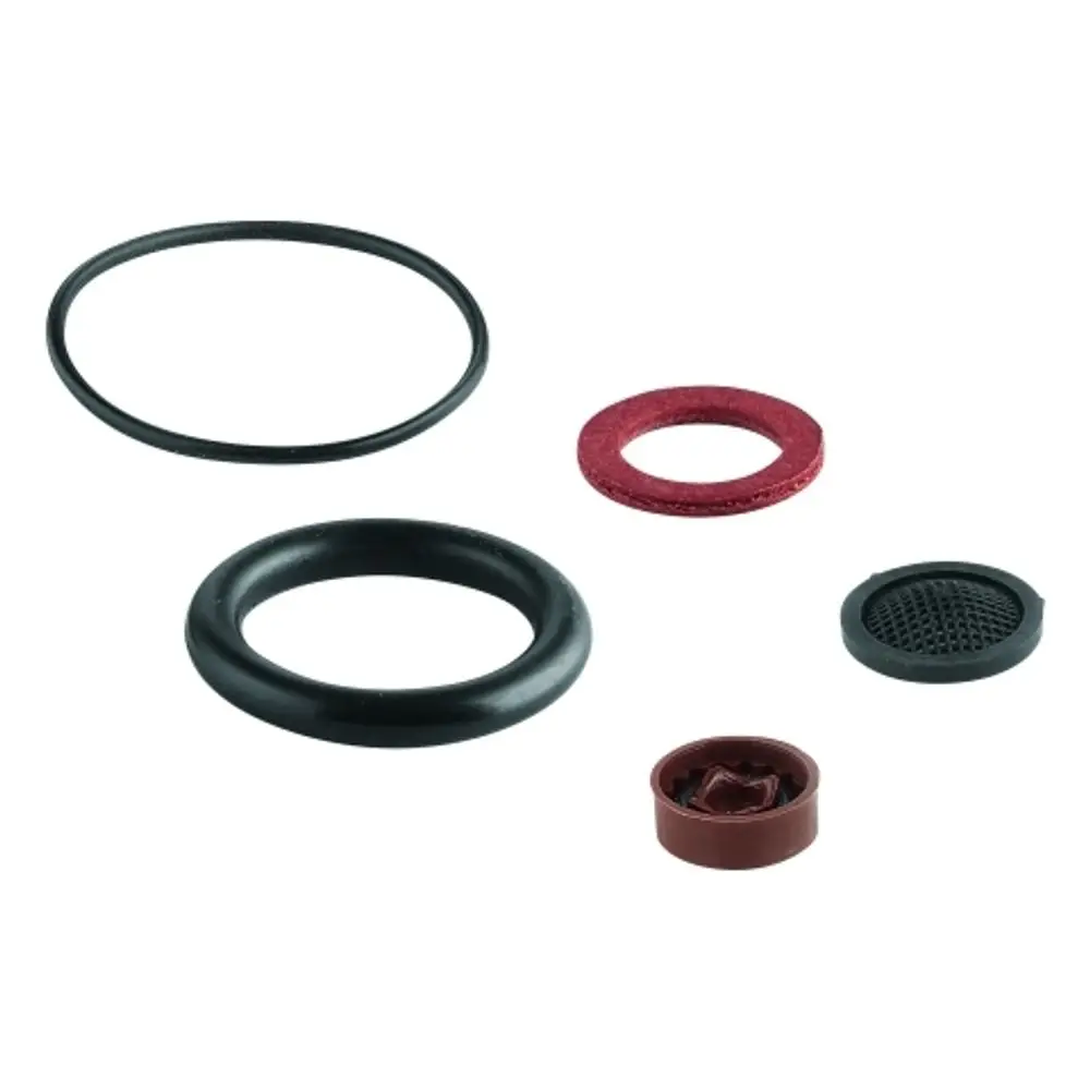GROHE Ersatzteilset mit mehreren Dichtungsringen und einem Durchflusbegrenzer, geeignet für Brausen. Teile in verschiedenen Formen und Farben, aus flexiblen Materialien.