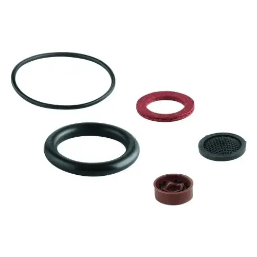 GROHE Ersatzteilset mit mehreren Dichtungsringen und einem Durchflusbegrenzer, geeignet für Brausen. Teile in verschiedenen Formen und Farben, aus flexiblen Materialien.