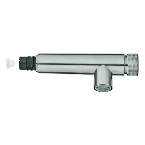 GROHE Spülbrause in rostfreier Stahloptik, mit einem Auslass an der Seite. Oberseite mit einer runden Abdeckung, die abnehmbar ist.