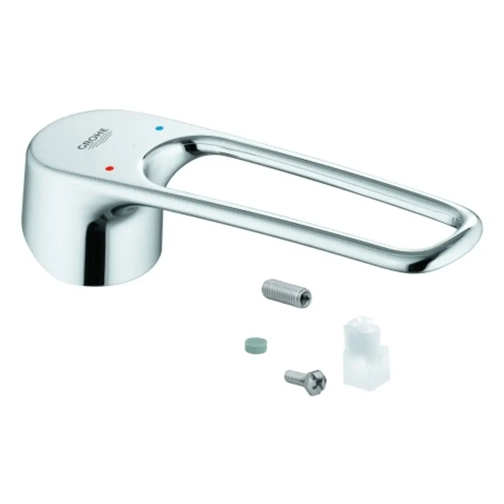 GROHE Hebel in Chrom mit rotem und blauem Punkt, um die Wassertemperatur anzuzeigen. Zubehörteile zum Anbringen sind ebenfalls im Bild zu sehen.