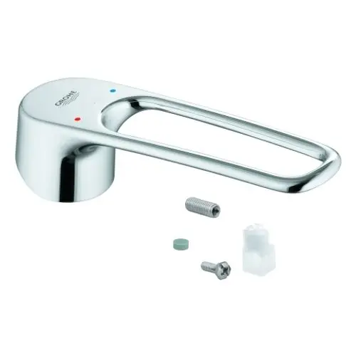 GROHE Hebel in Chrom mit rotem und blauem Punkt, um die Wassertemperatur anzuzeigen. Zubehörteile zum Anbringen sind ebenfalls im Bild zu sehen.