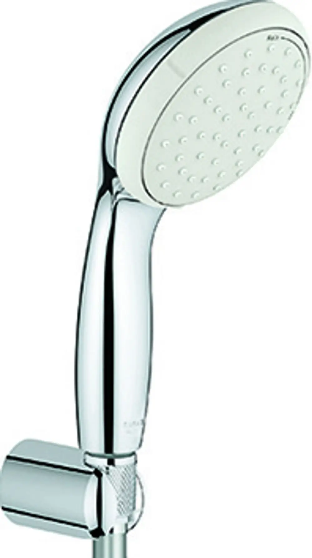 Handbrause mit chromfarbener Oberfläche von Grohe, verchromter Halterung und einem Schlauch, der eine flexible Montage ermöglicht.