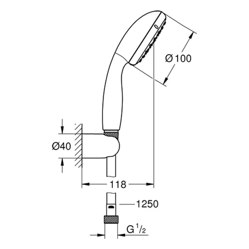 Handbrause mit Schlauch, verchromt, von Grohe. Sichtbare Maße und Anschlüsse sind im technischen Zeichnungsformat dargestellt.