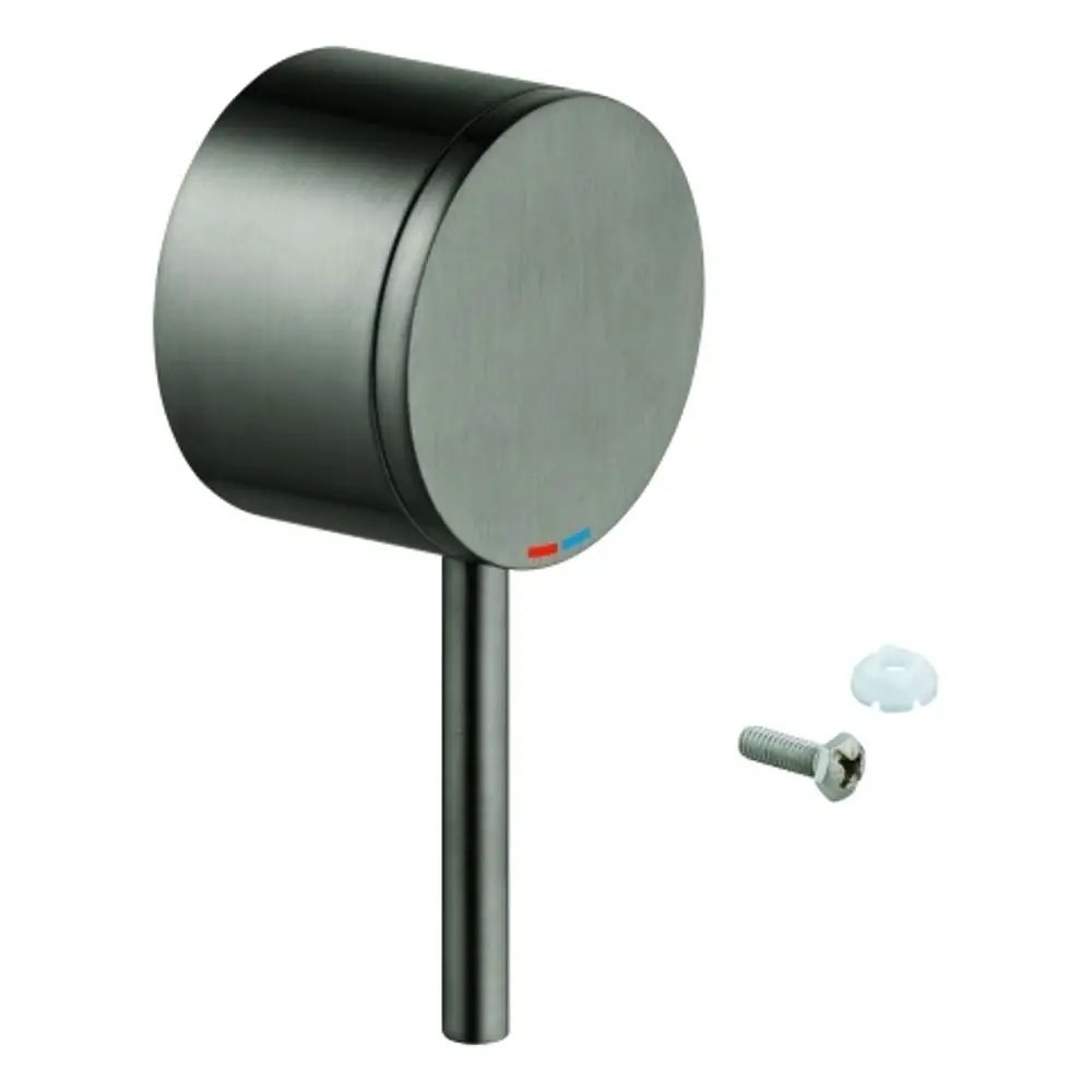 GROHE Hebel in mattem Graphit, zylindrische Form mit farblichen Markierungen für Warm- und Kaltwasser. Zubehörteile sind sichtbar.