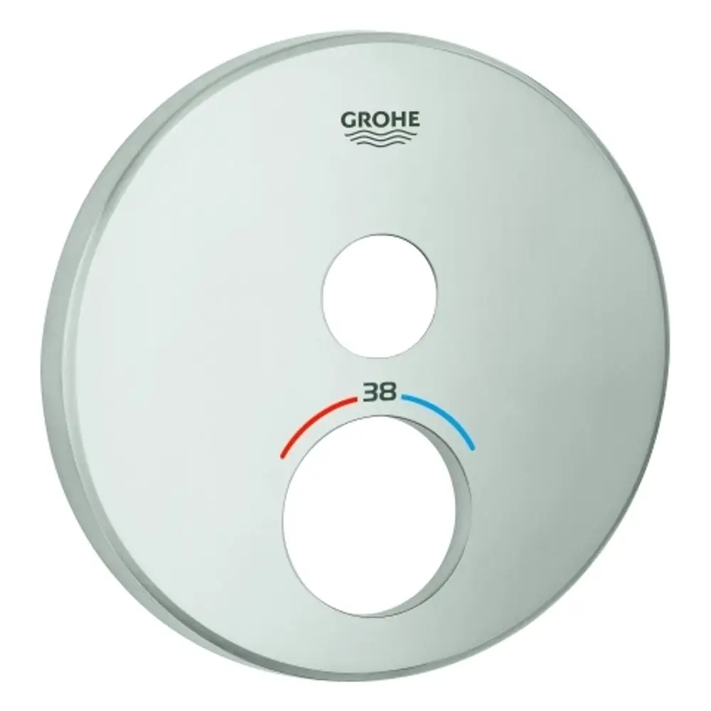 Runde Verkleidung aus Edelstahl von Grohe mit zwei Öffnungen, eine markiert mit der Zahl 38 und farblichen Indikatoren für Temperatur, rot und blau.