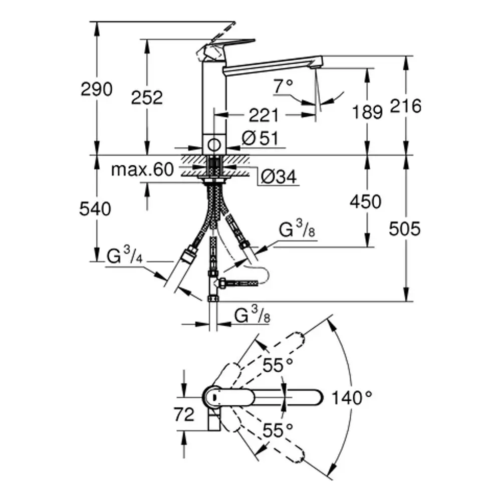 Grohe Armatur mit Drehmechanismus, verchromter Oberfläche und verschiedenen Anschlussmöglichkeiten, abgebildet aus seitlicher Übersicht mit detaillierten Maßen.