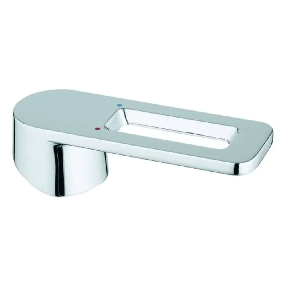 GROHE-Hebel in Chromfarbe mit einer länglichen, flachen Form und farbigen Markierungen für warme (rot) und kalte (blau) Wasseranpassung.