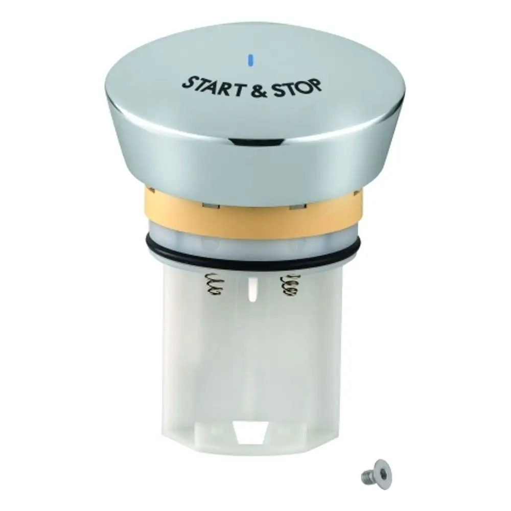 GROHE Kartusche mit einem runden, glänzenden Bedienelement "START & STOP" oben, darunter ein transparentes Modul mit Federmechanismus. Ein Schraube liegt daneben.