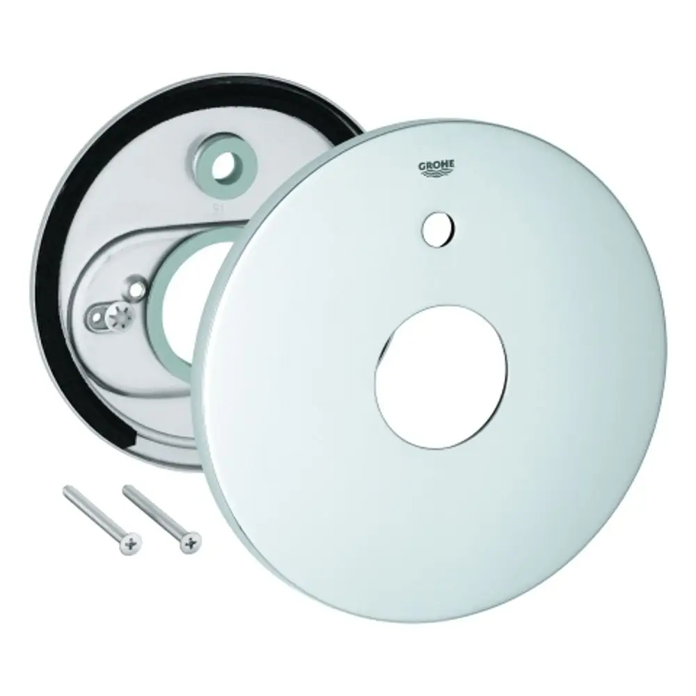 GROHE Rosette in Chrom, rund mit zwei Löchern zur Montage, ausgestattet mit Gummidichtung und Schrauben, für Anwendungen in Sanitärinstallationen.