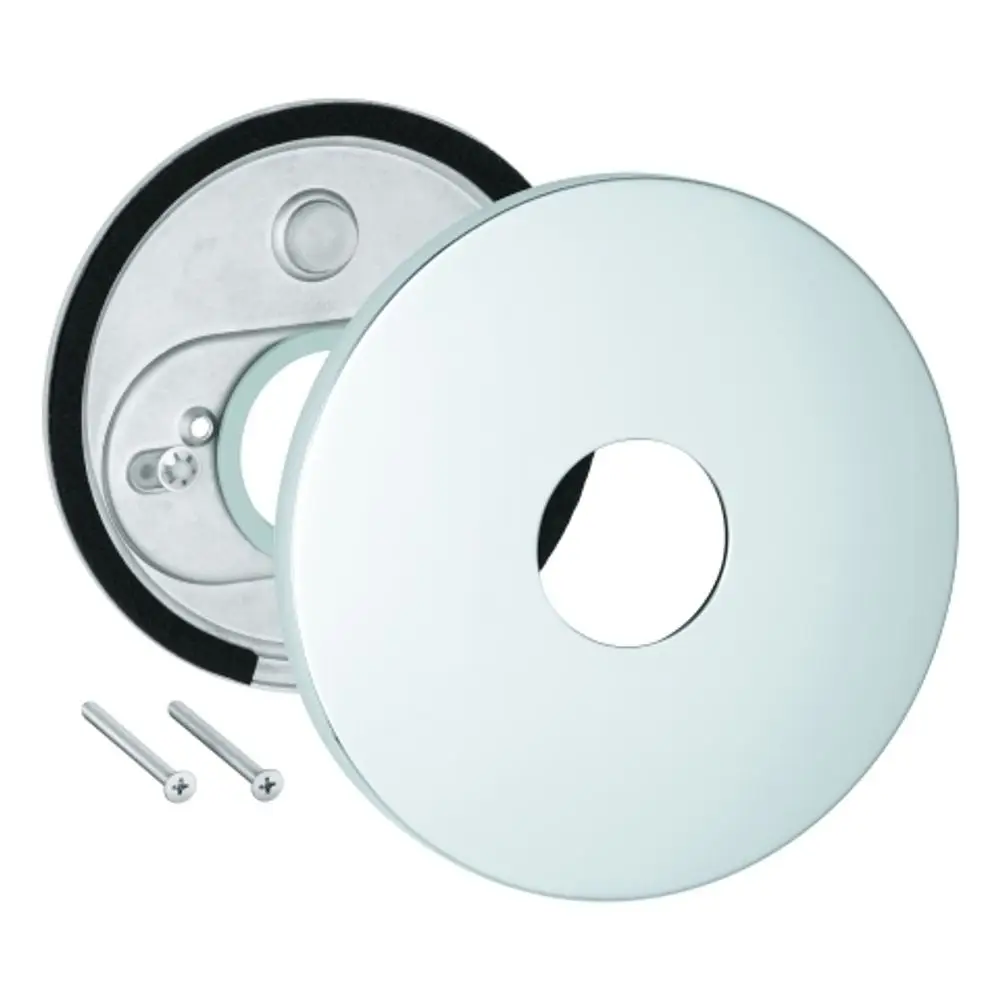 Grohe Rosette aus Metall in Chrom-Optik, bestehend aus einer runden Abdeckung mit zentralem Loch und einer Unterplatte. Enthalten sind zwei Schrauben zur Befestigung.